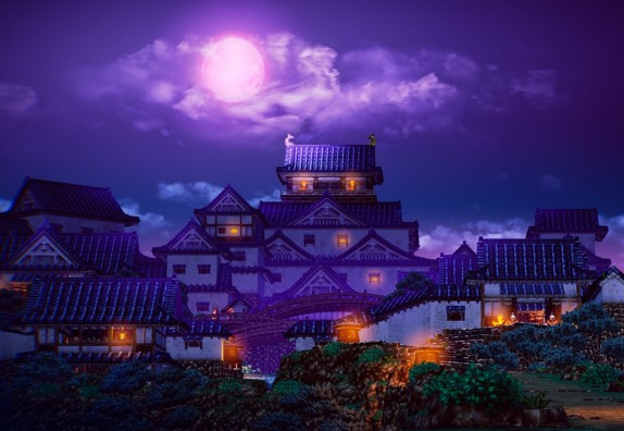 A Feudal Japanese city at night.