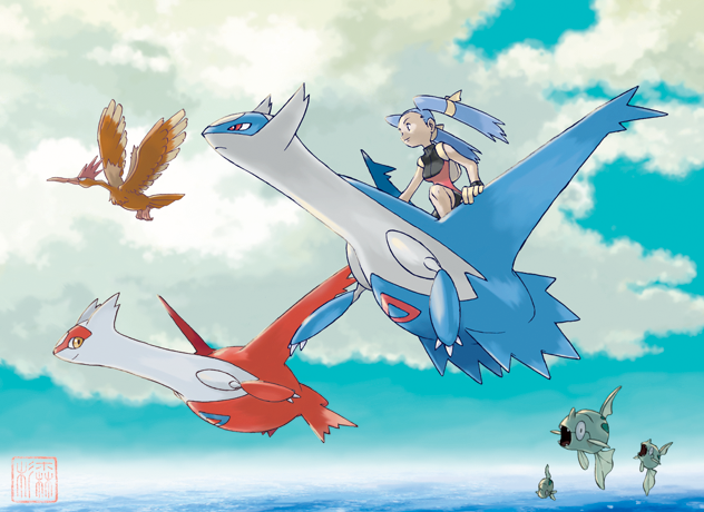 A Pokémon trainer riding on Latios with Latias, Fearow and some Remoraid nearby.