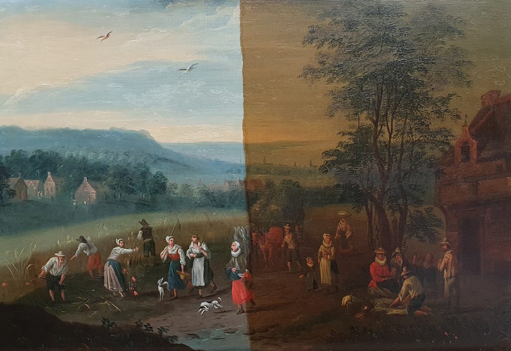 A Dutch landscape partially cleaned, with left side clean and right side covered in yellowed varnish