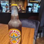 Picture shows a bottle of the Newcastle Brown Ale and in the background is the bar at Luther's Wetherspoons at NUSU.